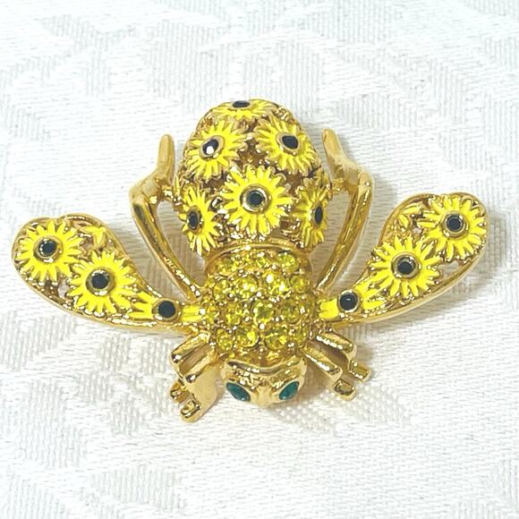Vtg JOAN RIVERS Sunflower Bee Pin Brooch Crystal Yellow Green Classic Collection - Picture 3 of 11